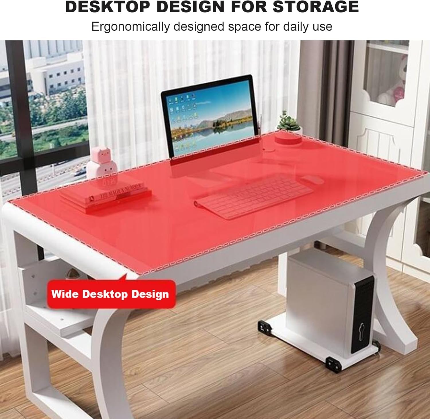 Computer Desk with Storage Shelves, Gaming Table with Tempered Glass Top and Metal Frame, Modern Simple Writing Desk Table for Home Office Workstation