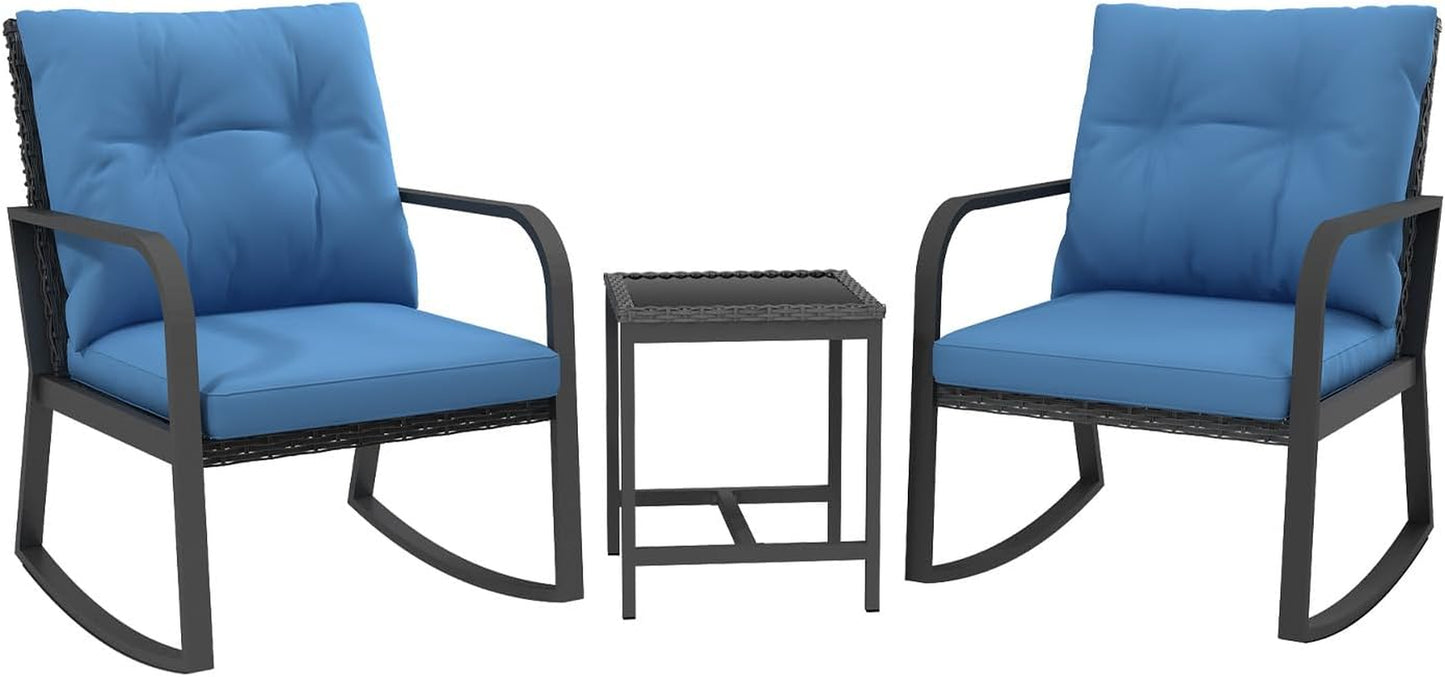 Bistro 3 Piece Patio Furniture Set, Patio Table and Rattan Outdoor Rocking Chairs Set of 2, Outdoor Bistro Conversation Set for Garden, Balcony, Poolside, Backyard, Blue