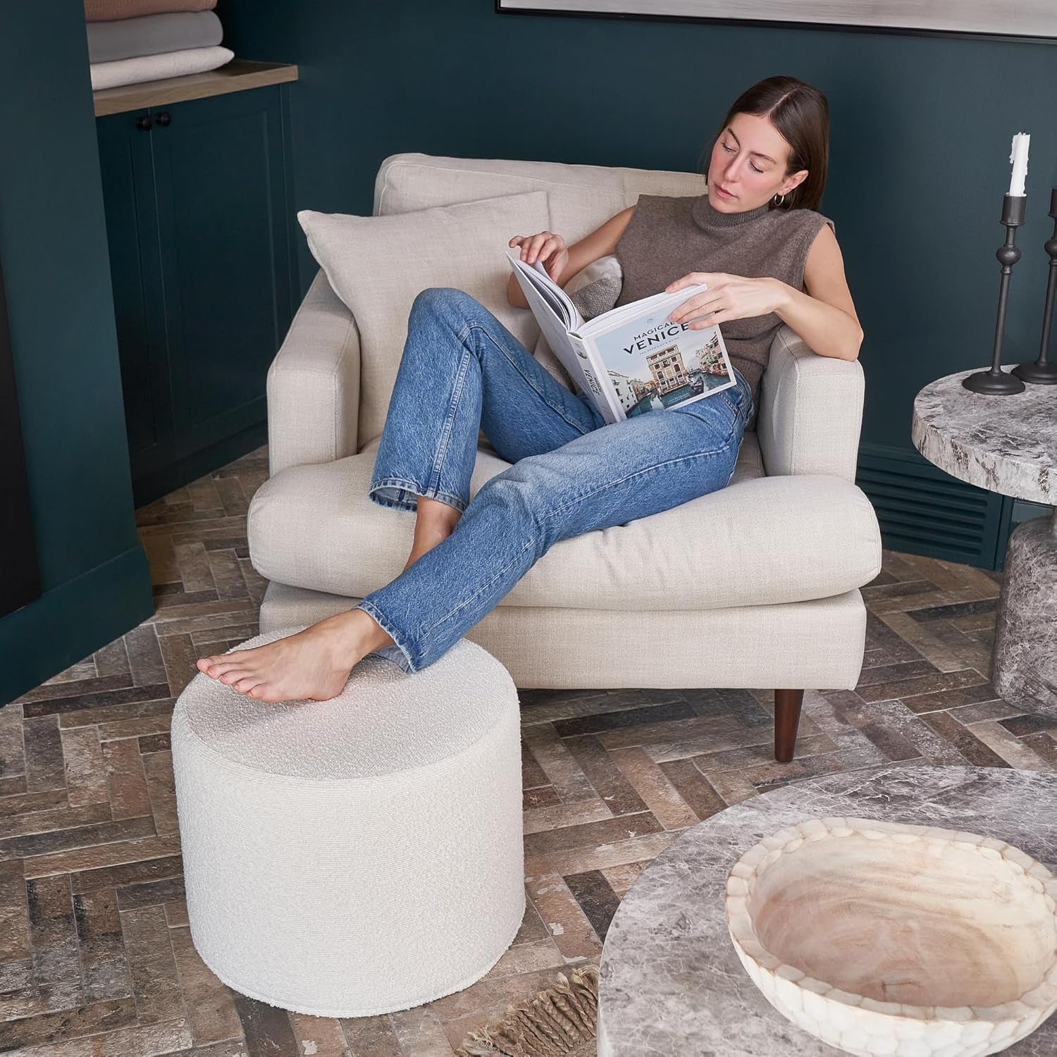 Beautiful Boucle Pouf Ottoman and Foot Rest - Elevate Your Living Room Decor with Lightweight Comfort and Charm - a round Modern Foam Filled Foot Stool Perfect to Rest Your Feet