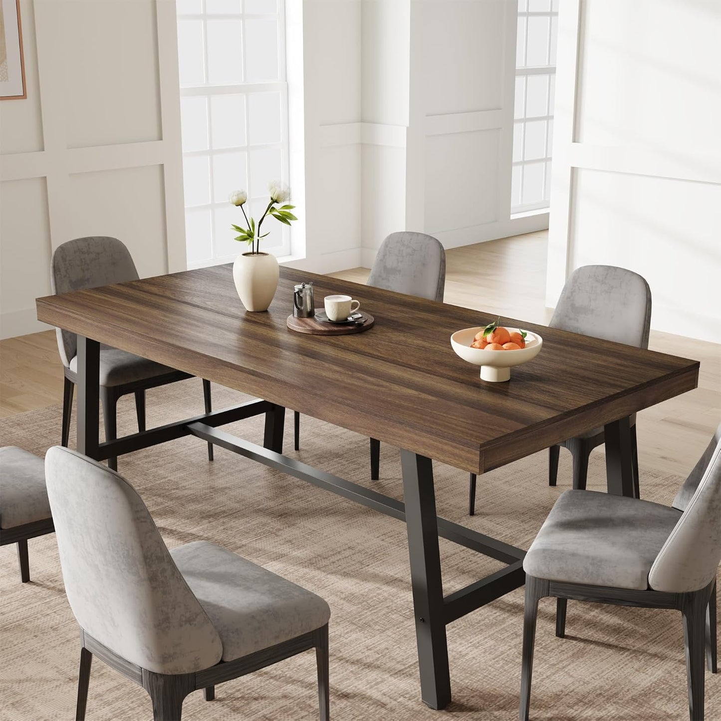 Industrial Dining Table for 6-8 People, 70.87" Long Large Kitchen Table with Sturdy Metal Frame, Rectangular Counter for Dinner, Kitchen, Dining Room (Brown, 71" Non-Extendable)