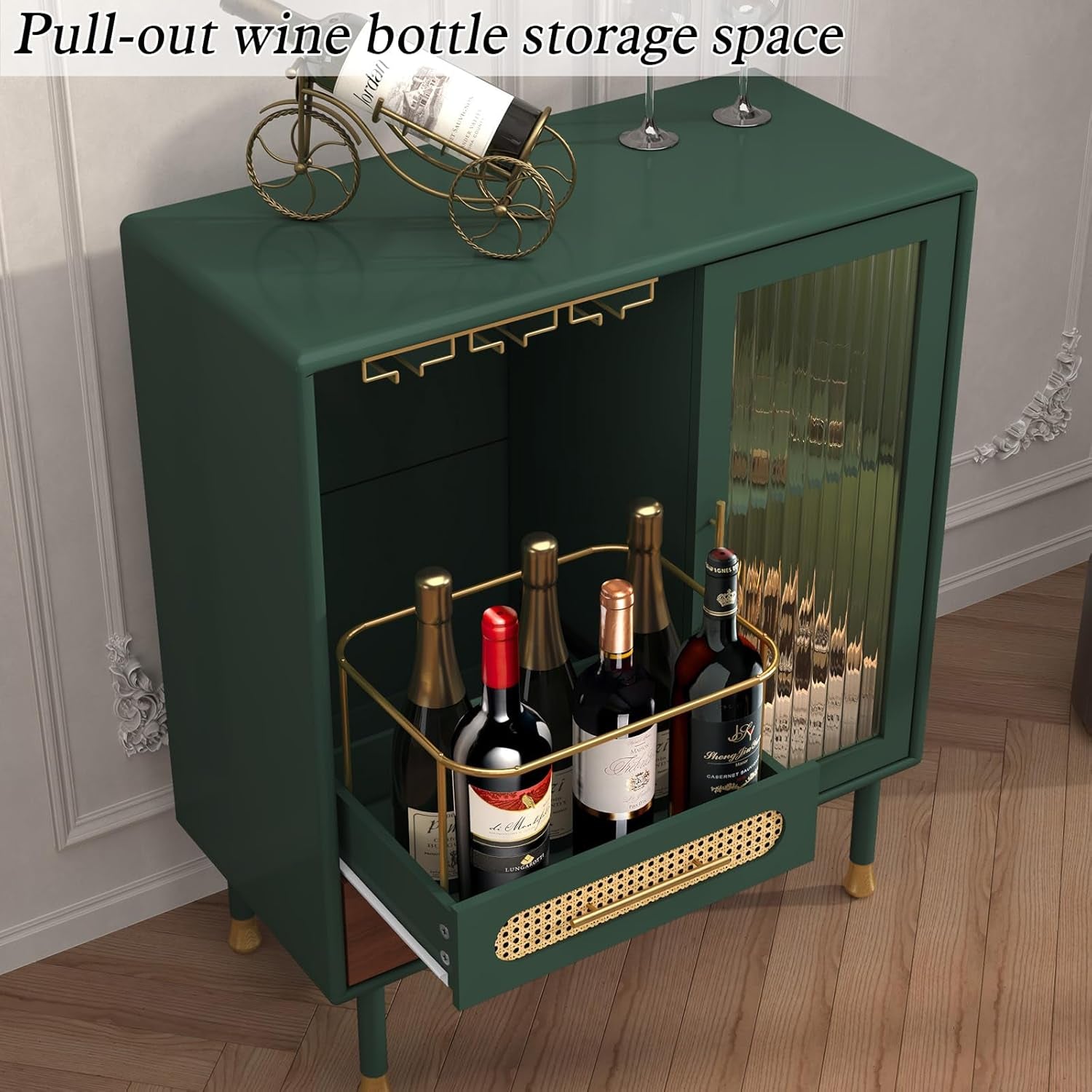 Modern Coffee Bar Cabinet with Wine Glass Rack and Drawers, Green Liquor Cabinet with Pull-Out Wine Storage for Kitchen, Dining Room, Living Room