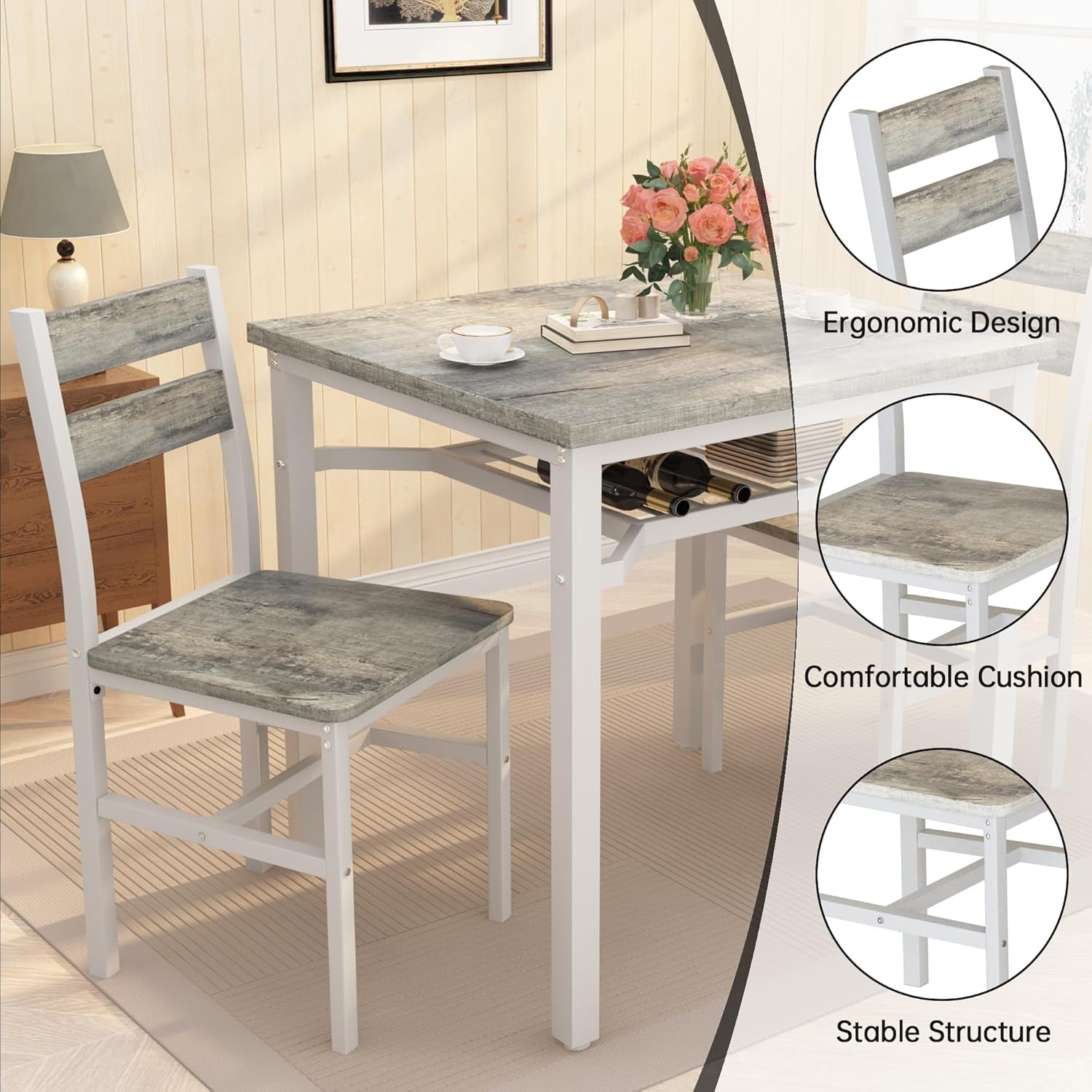 3 Piece Dining Table Set for 2, Small Wooden Kitchen Table with Storage, Farmhouse Square Dinette Set for Dining Room, Breakfast Nook, Apartment, Small Space