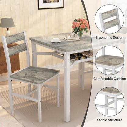 3 Piece Dining Table Set for 2, Small Wooden Kitchen Table with Storage, Farmhouse Square Dinette Set for Dining Room, Breakfast Nook, Apartment, Small Space