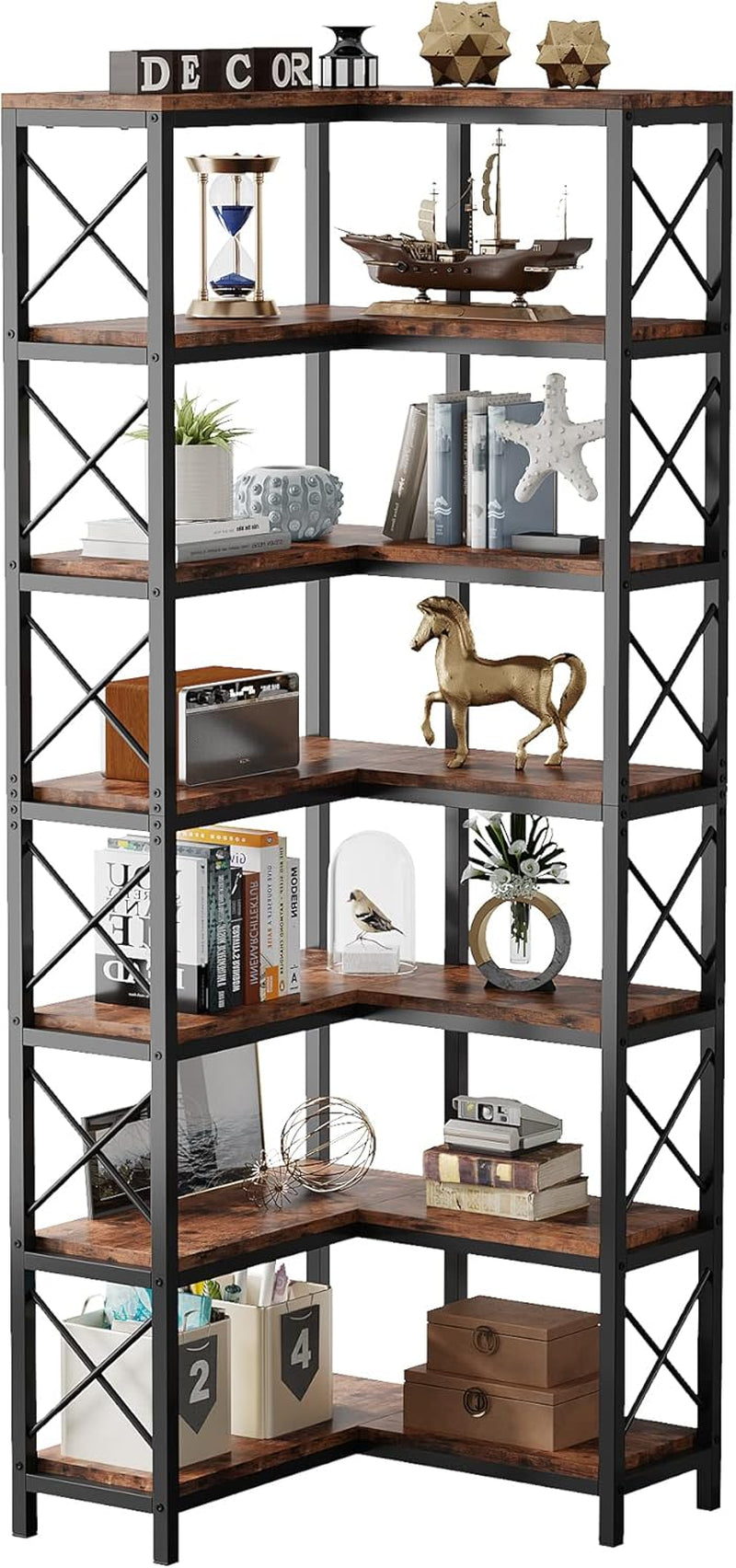 7-Shelf Corner Bookshelf,Large Modern Corner Bookcase, 7-Tier Tall Corner Shelf Storage Display Rack with Metal Frame for Living Room Home Office (Rustic Brown)