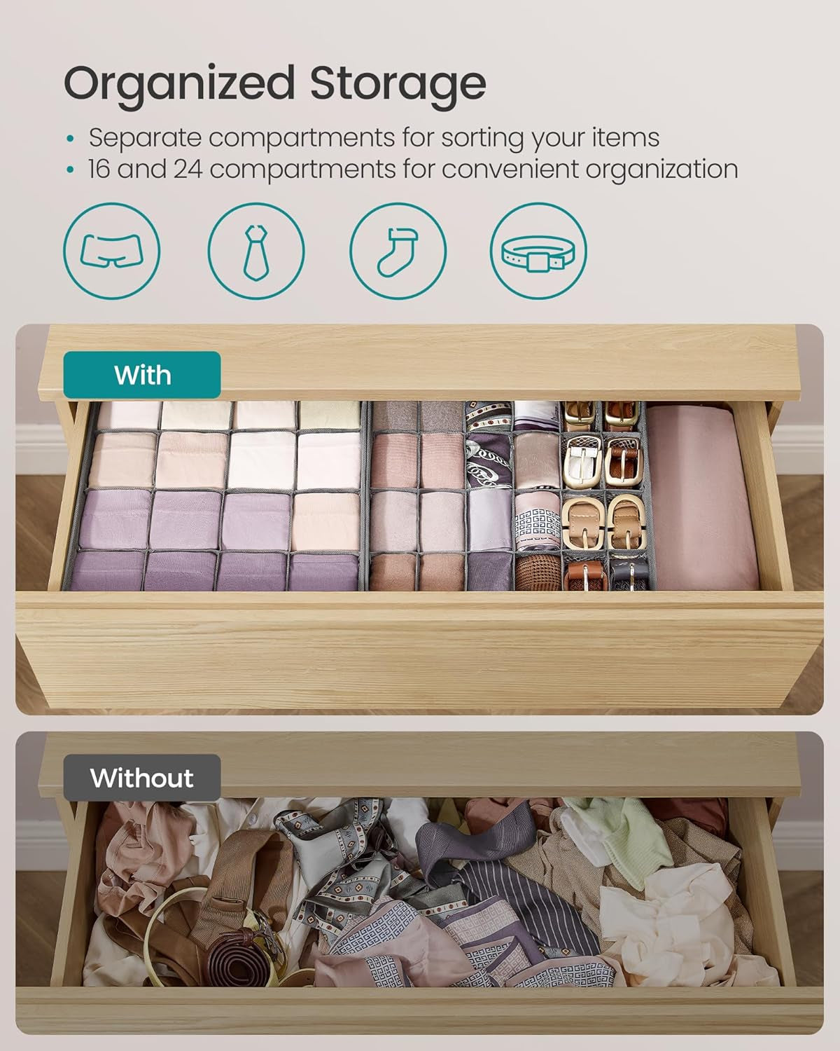 Set of 4 Drawer Organizers, Closet Organizers for Underwear, 80 Cells, Foldable Sock Holders, 11.8 X 11.8 X 3.9 Inches, for Storing Socks, Ties, Belts, Dove Gray URUS011G01