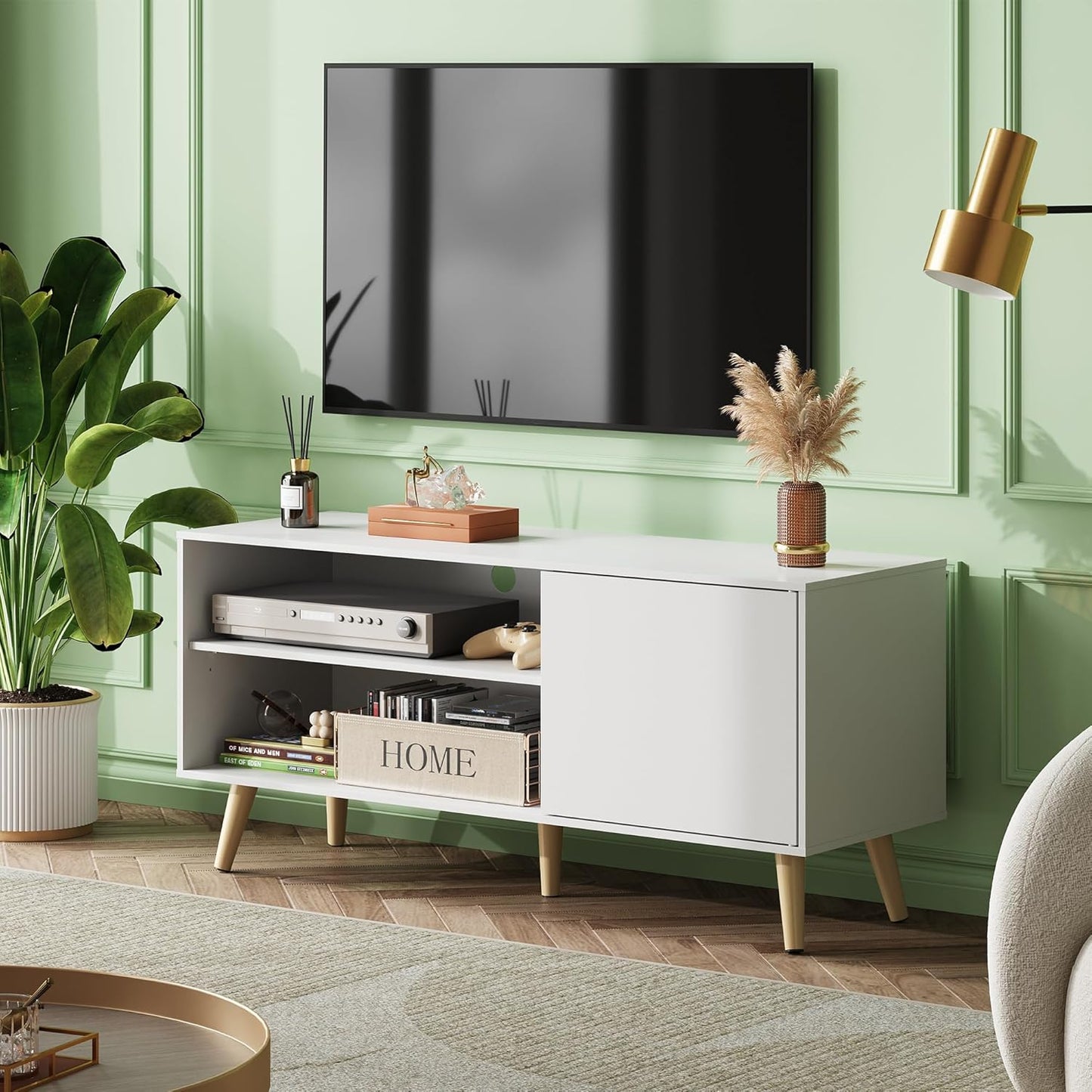 TV Stand for 55 Inch Tvs, Entertainment Center with Storage Cabinet, Mid-Century TV Stands for Living Room and Bedroom, 50" TV Console, White