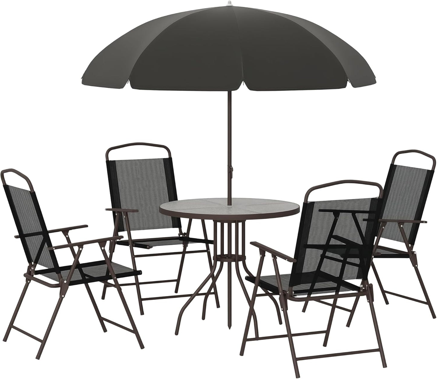 6 Piece Patio Dining Set for 4 with Umbrella, Outdoor Table and Chairs with 4 Folding Dining Chairs & round Glass Table for Garden, Backyard and Poolside, Black and Coffee