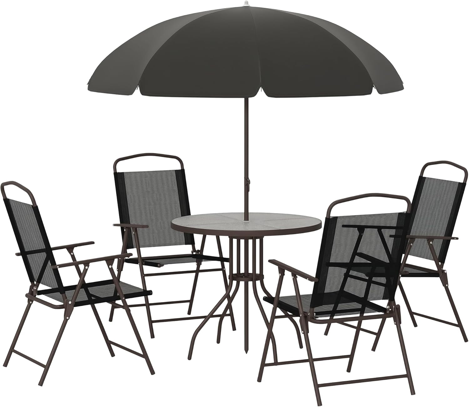 6 Piece Patio Dining Set for 4 with Umbrella, Outdoor Table and Chairs with 4 Folding Dining Chairs & round Glass Table for Garden, Backyard and Poolside, Black and Coffee