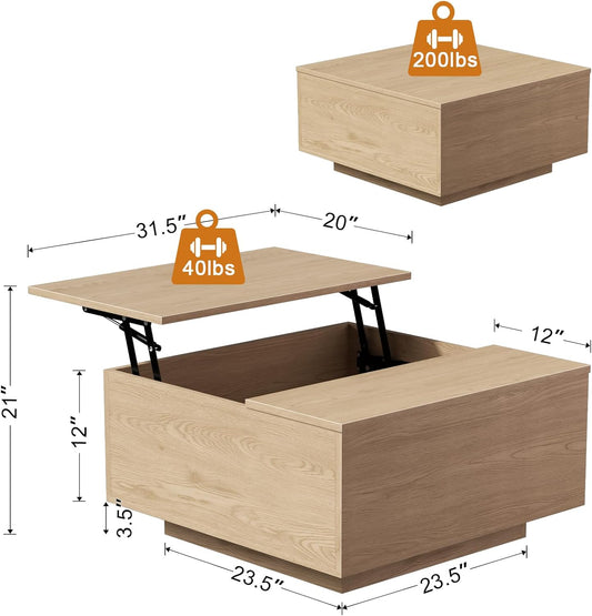 Lift Top Coffee Table, Wood Square Coffee Table with Storage, Farmhouse Coffee Tables with Hidden Storage Compartment, Center Table with Lifting Tabletop for Living Room, Home Office, Natural