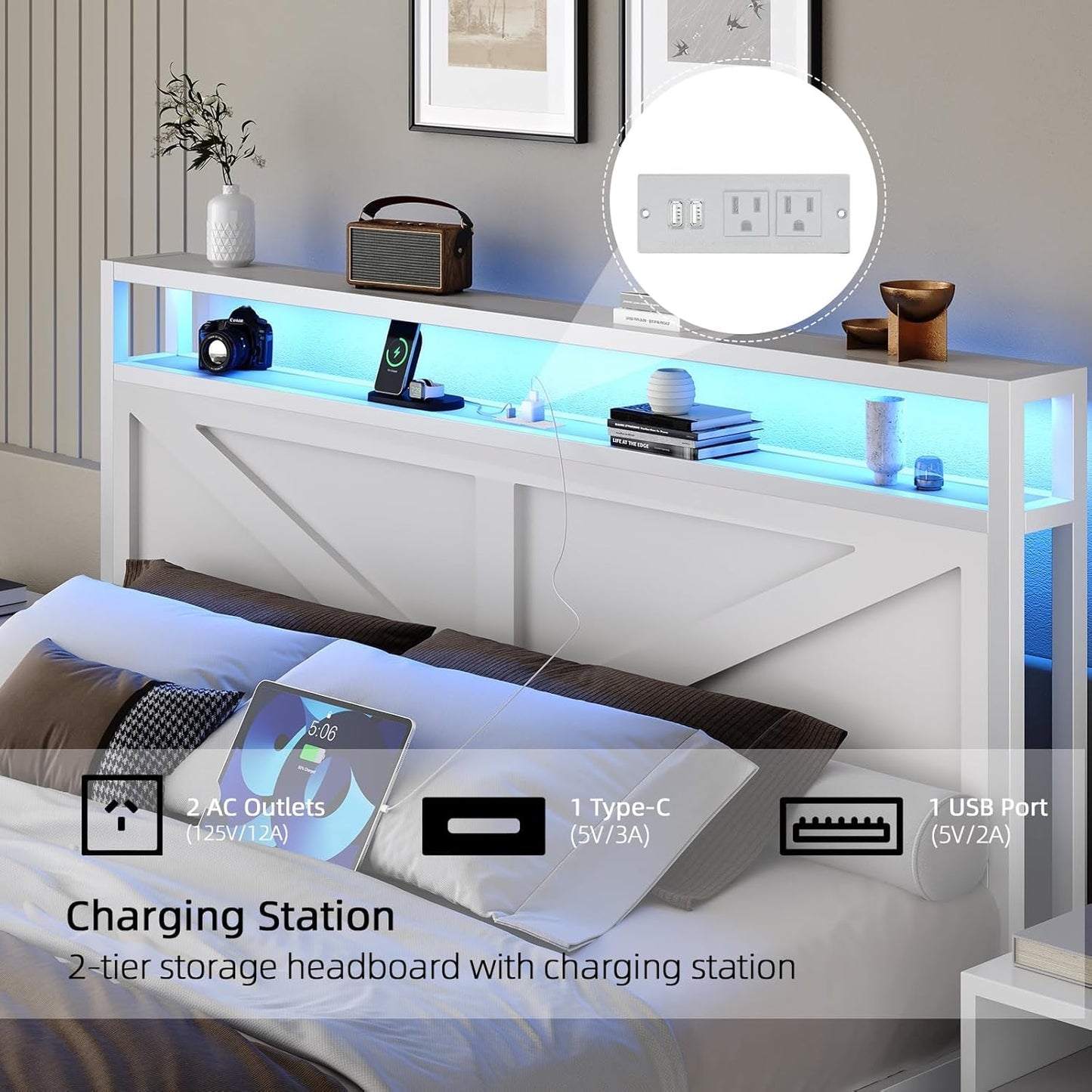 Queen Bed Frame with Headboard, Queen Bed Frames with Outlets and LED Lights, Rustic Bed Frame with Storage Headboard, Farmhouse Barn Door Design, Noise Free, No Box Spring Needed, White