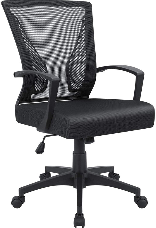 Office Chair Ergonomic Computer Desk Mesh Chair Mid Back Swivel Lumbar Support with Armrest (1, Black)