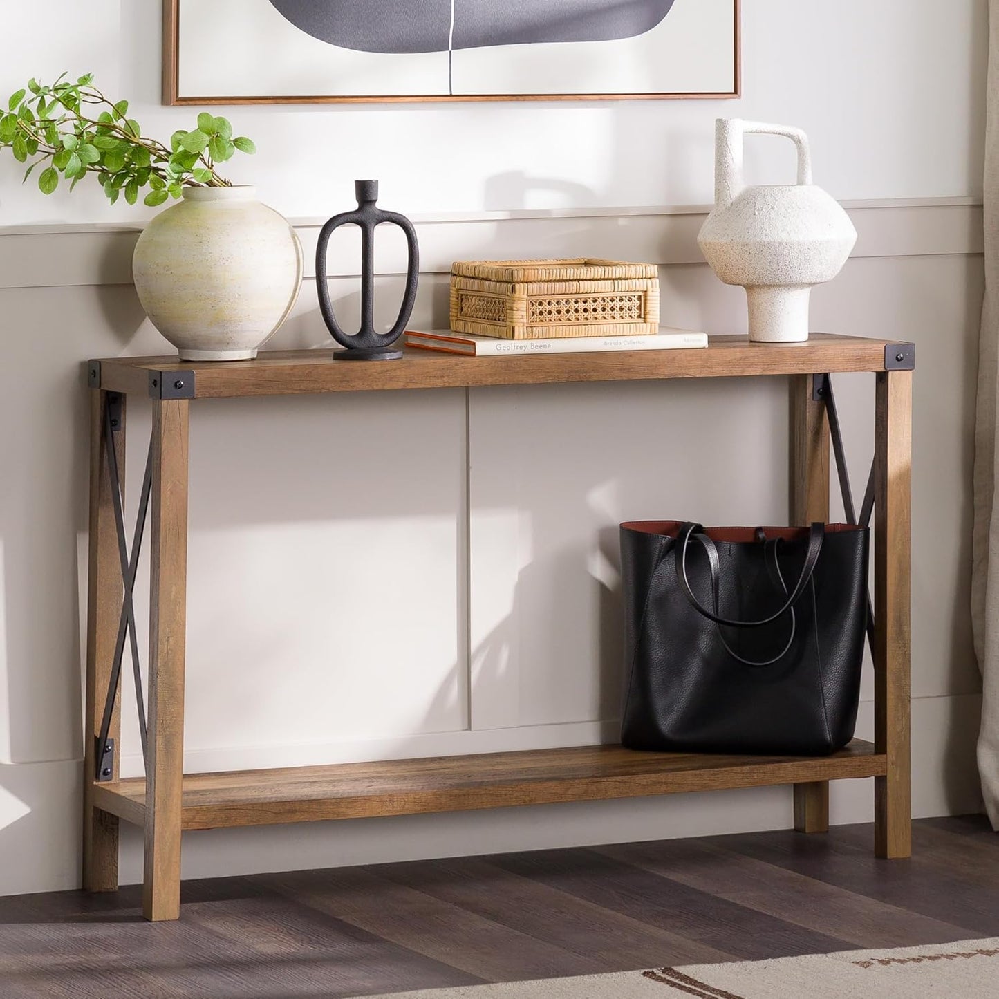 Sedalia Modern Farmhouse Metal X Entry Table, 46 Inch, Rustic Oak