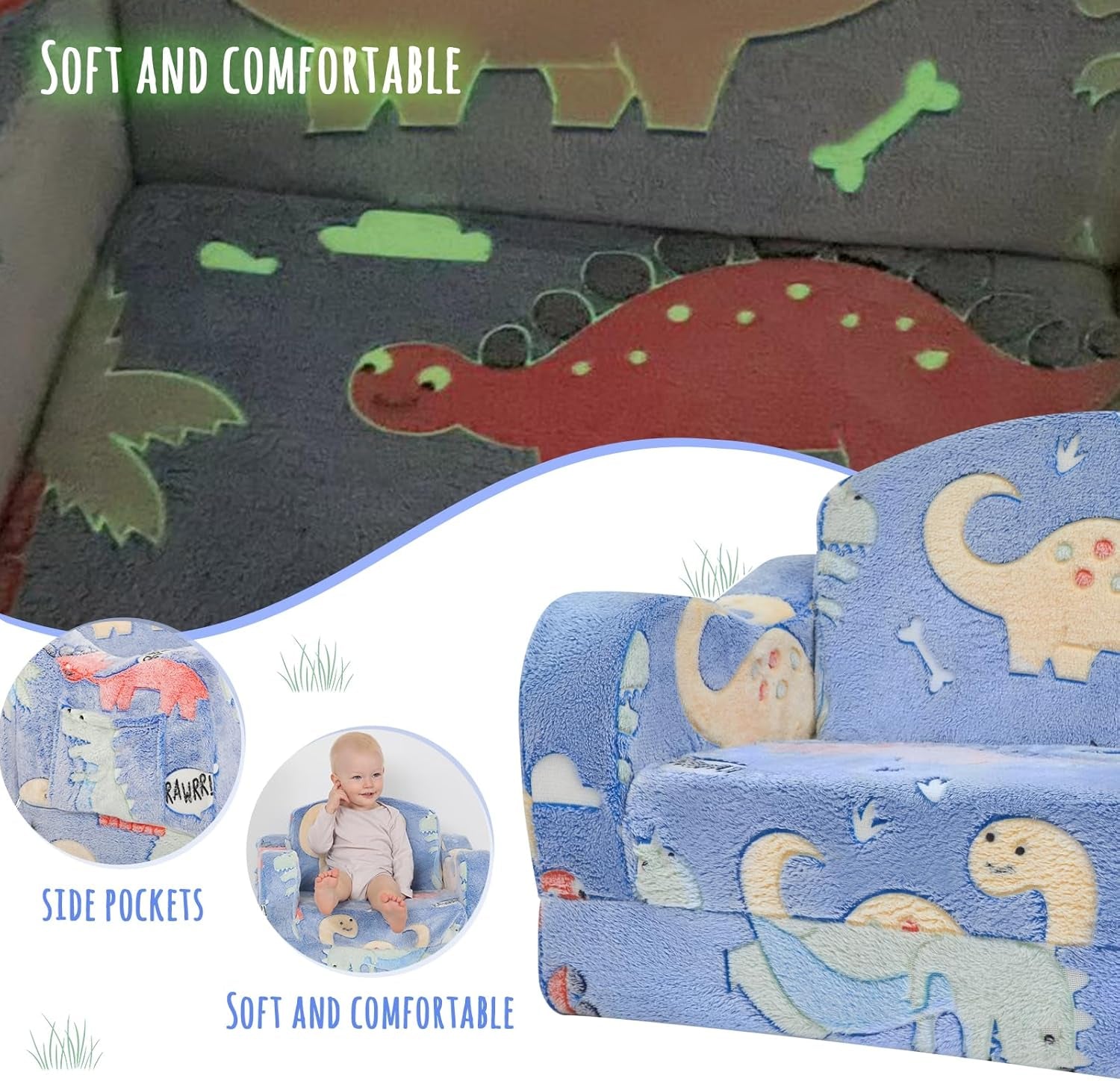 Thick Comfy Toddler Chair and Couch for Kids,2-In-1 Soft Plush Fold Out Sofa for Children,Convertible Couch to Lounger for Toddler