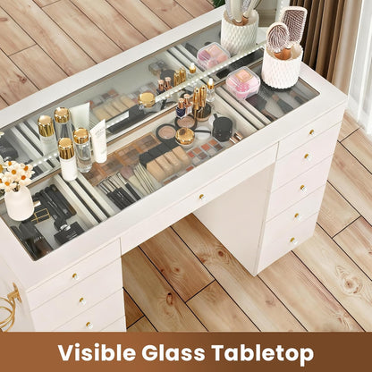 Glass Top Vanity Desk with Crystal Handles and 11 Drawers, Makeup Vanity with Mirror and Lights, 3 Lighting Modes Dressing Table, Power Outlet, Silent Slides, White