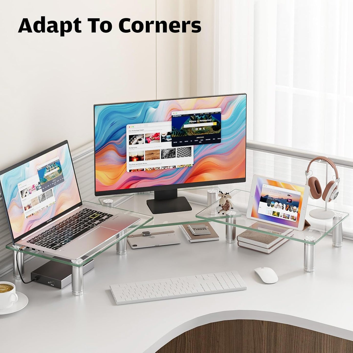 Dual Monitor Stand -Adjustable Length and Angle Dual Monitor Riser, Desktop Organizer for PC, Computer, Laptop (Clear)