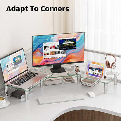 Dual Monitor Stand -Adjustable Length and Angle Dual Monitor Riser, Desktop Organizer for PC, Computer, Laptop (Clear)