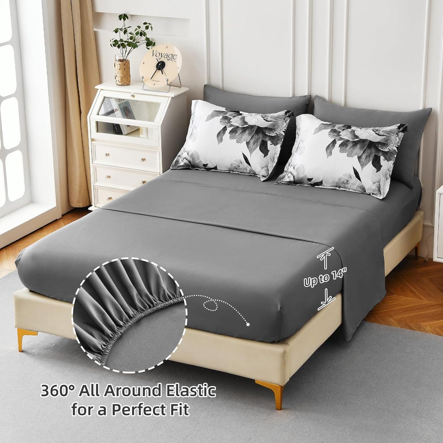 Grey Queen Comforter Set 7 Piece Bed in a Bag, Gray Floral Printed on White Comforter Set with Sheets, Soft Microfiber Botanical Farmhouse Bedding Set for All Season