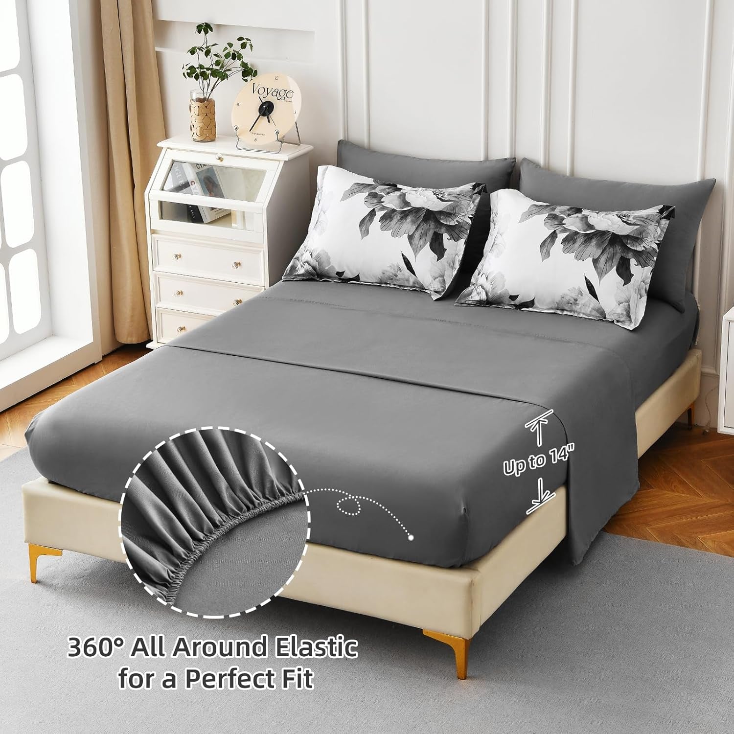 Grey Queen Comforter Set 7 Piece Bed in a Bag, Gray Floral Printed on White Comforter Set with Sheets, Soft Microfiber Botanical Farmhouse Bedding Set for All Season