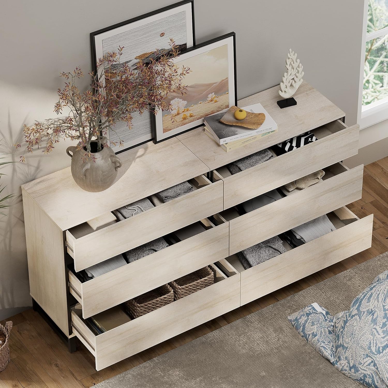 Dresser and Nightstand Set of 3, 63 Inches Dresser with 6 Drawers, 2 Nightstand with Drawer and Cabinet for Bedroom, Bedroom Furniture Set, Light Oak