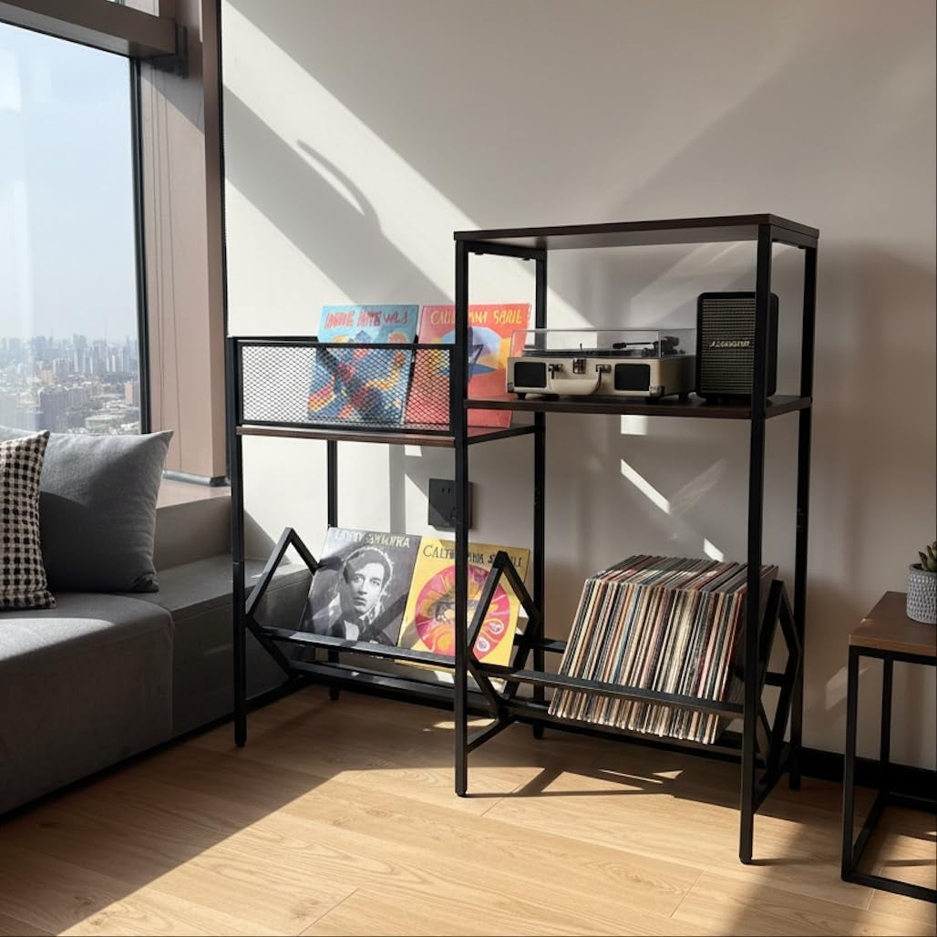 Record Player Stand with Vinyl Storage, Heavy-Duty Audio Cabinet for Records, Turntable, Receiver, Speakers, Wood Media Console for Living Room, Retro Industrial Style
