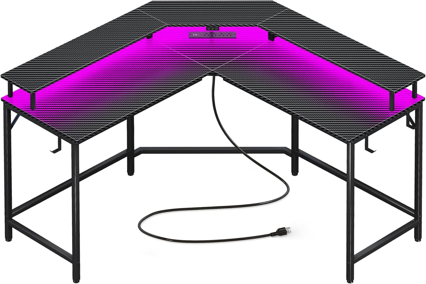 L Shaped Gaming Desk with Power Outlets & LED Lights, Computer Desk with Monitor Shelves, Carbon Fiber Surface, Home Office Desk, Corner Gaming Desk with Hooks, Carbon Fiber Black