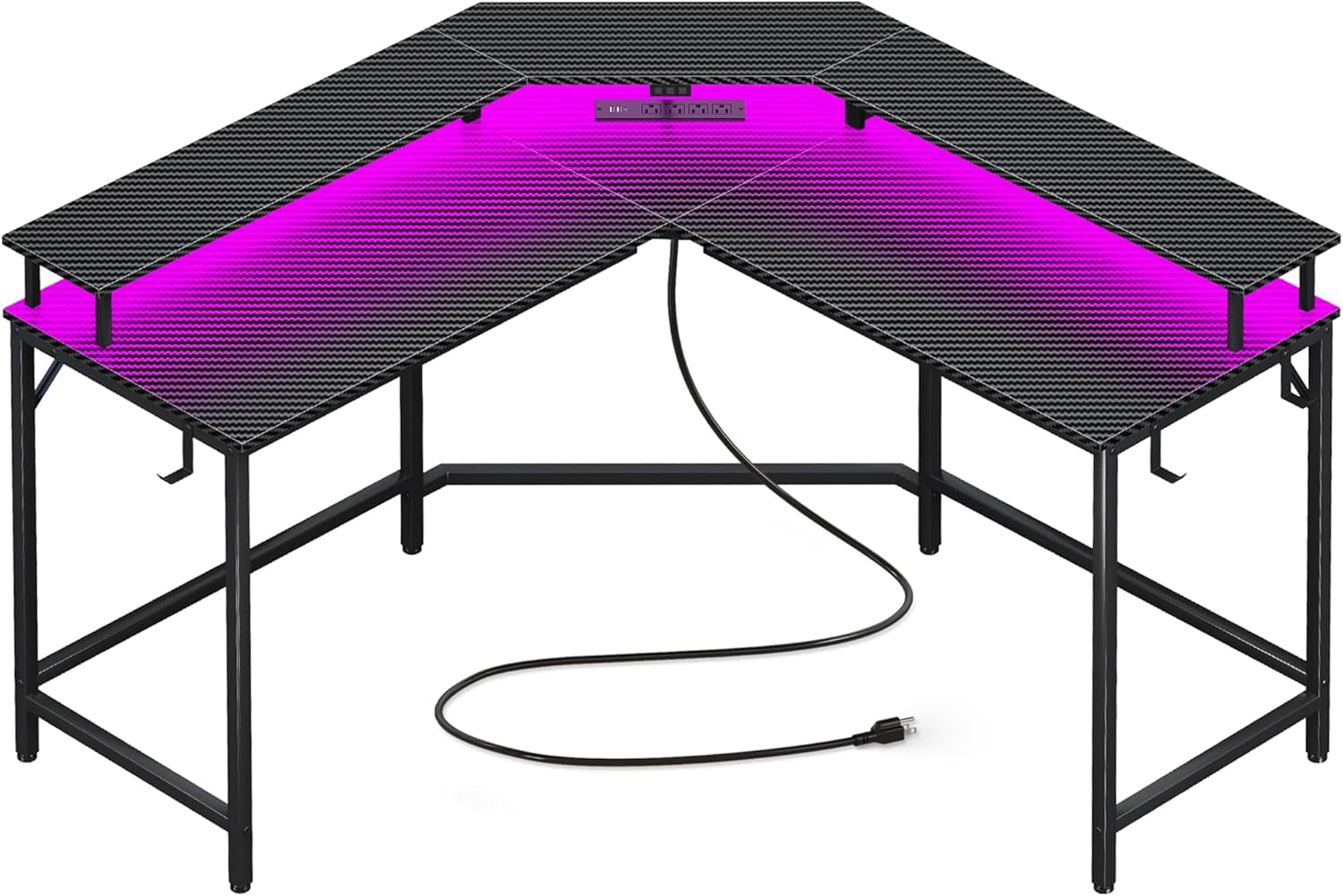 L Shaped Gaming Desk with Power Outlets & LED Lights, Computer Desk with Monitor Shelves, Carbon Fiber Surface, Home Office Desk, Corner Gaming Desk with Hooks, Carbon Fiber Black