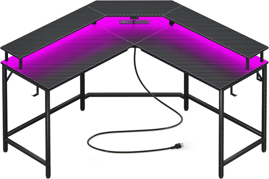 L Shaped Gaming Desk with Power Outlets & LED Lights, Computer Desk with Monitor Shelves, Carbon Fiber Surface, Home Office Desk, Corner Gaming Desk with Hooks, Carbon Fiber Black