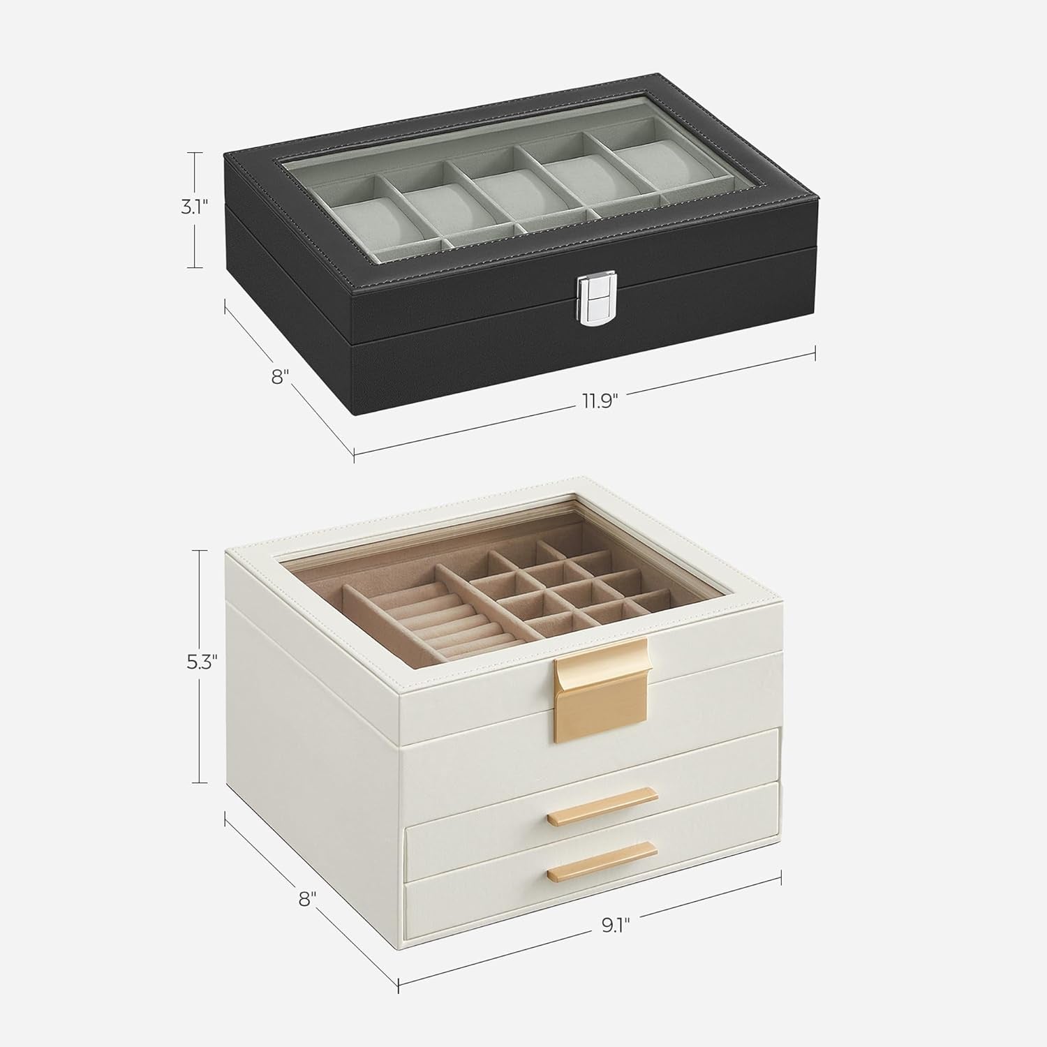 3-Layer Jewelry Box and 12-Slot Watch Box Bundle, Jewelry Organizer with Glass Lid, for Big and Small Jewelry, Removable Watch Pillows, Cloud White and Ink Black UJBC239WT and UJWB12BK