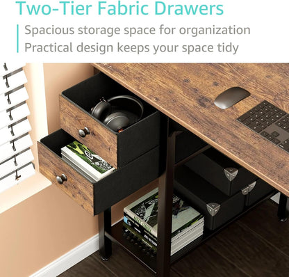 Computer Desk with Fabric Drawers, 47 Inch Desk for Small Space Home Office, Modern Simple Study Writing Table PC Desks for Bedroom, Rustic Brown