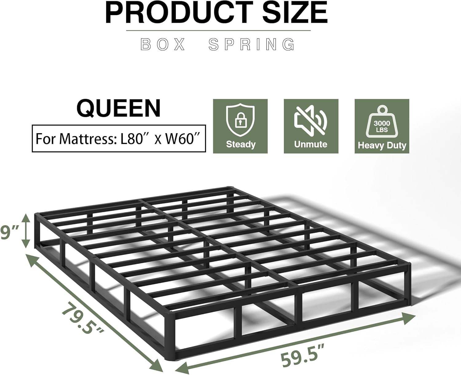 9 Inch Box Spring for Queen Bed, Heavy Duty Metal Mattress Foundation, 3000 Lbs Capacity, High Profile, Noise-Free, Easy Assembly with Fabric Cover