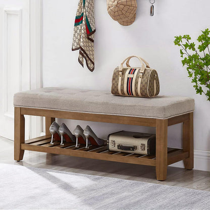 Large Rectangular Upholstered Tufted Linen Fabric Ottoman Bench, Padded Bench with Solid Wood Shelf-Linen