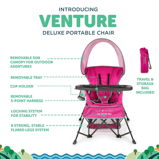 Go with Me Venture Portable Chair | Indoor and Outdoor | Sun Canopy | 3 Child Growth Stages | Pink