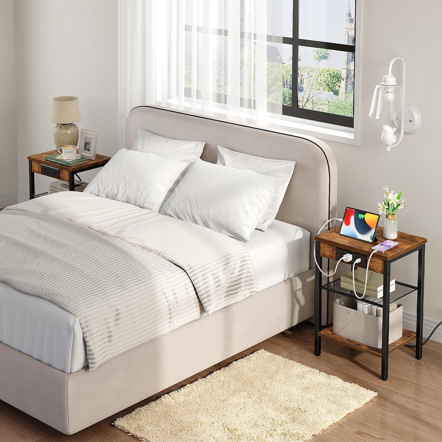 Side Table with Charging Station and USB Port, Small End Table for Small Space, 3-Tier Nightstand with Adjustable Shelf, for Living Room, Bedroom and Balcony, Rustic Brown BF112BZ01