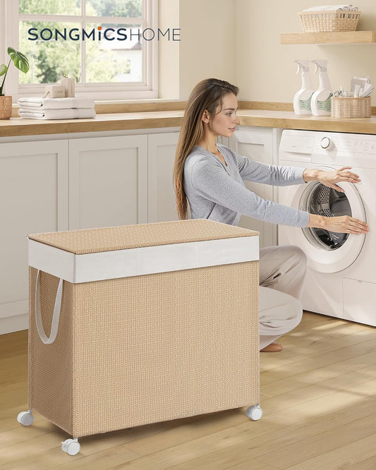 Laundry Hamper with 3 Section, Large 140 L Rolling Laundry Basket with Wheels, Rattan Clothes Basket with Lid, Removable Liner with Handles, Natural Beige and Matte White ULCB602N01