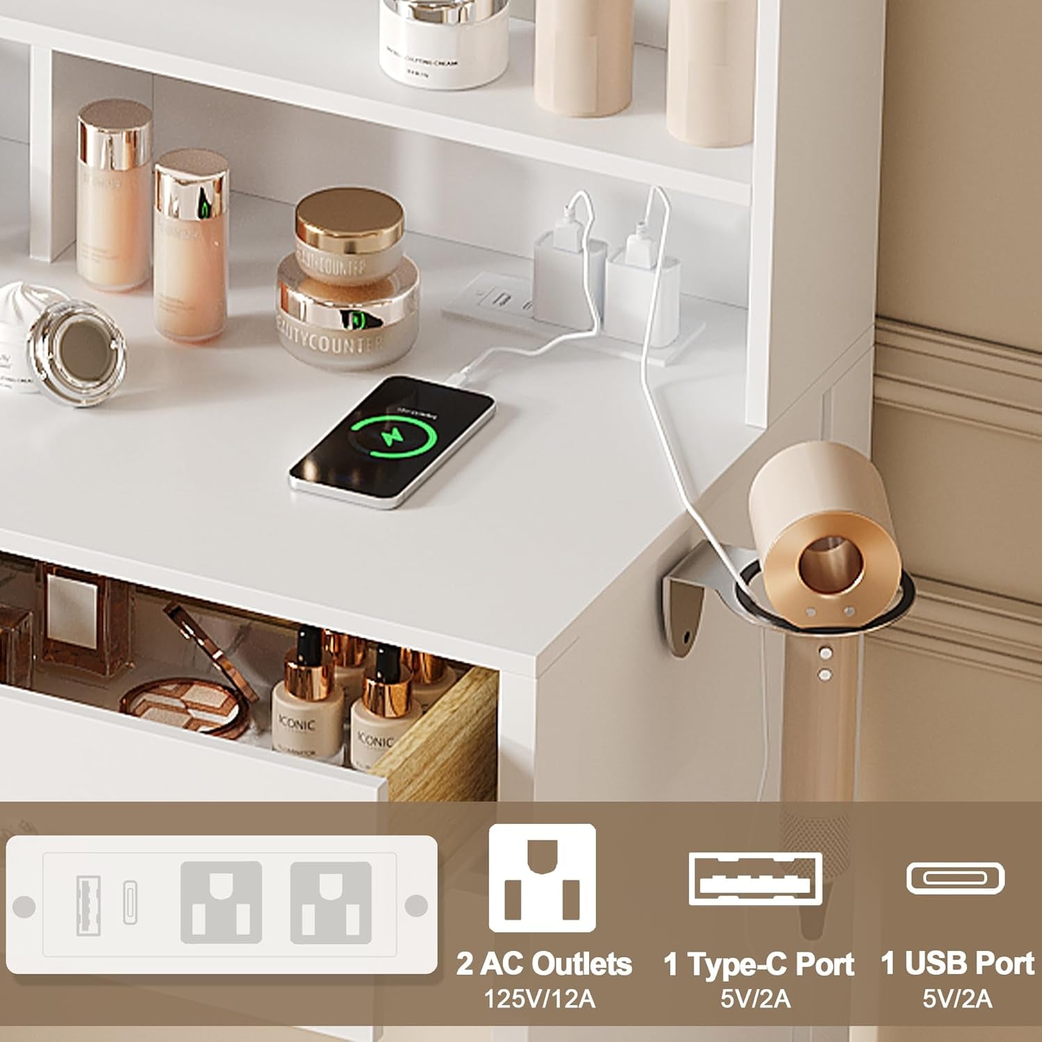 White Vanity with Lighted Mirror, 8 Shelves, 2 Drawers, Charging Station, Hair Dryer Holder & Stool, LED Mirror with 3 Light Modes