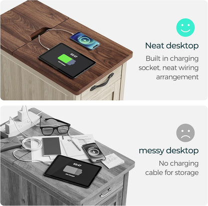 Farmhouse End Table with Charging Station, Narrow Side Table for Living Room, Sofa Side Table with Drawer and Storage Cabinet, Small Nightstand for Home Office