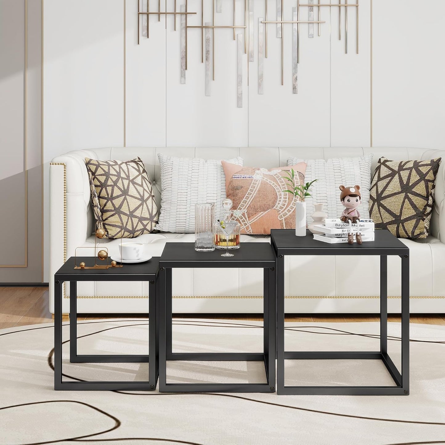 Nesting Table Set of 3 Side Tables, Modern Coffee Table Stacking End Table with Metal Frame，Black