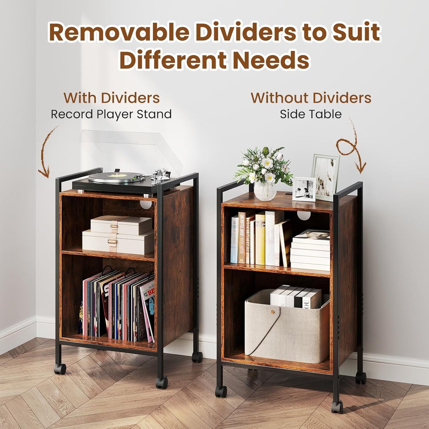 Record Player Stand with Charging Station, Mobile Turntable Stand with Record Storage & 4 Rolling Wheels, 3-Tier Vinyl Record Storage W/ Open Shelves & Dividers for Living Room, Rustic Brown