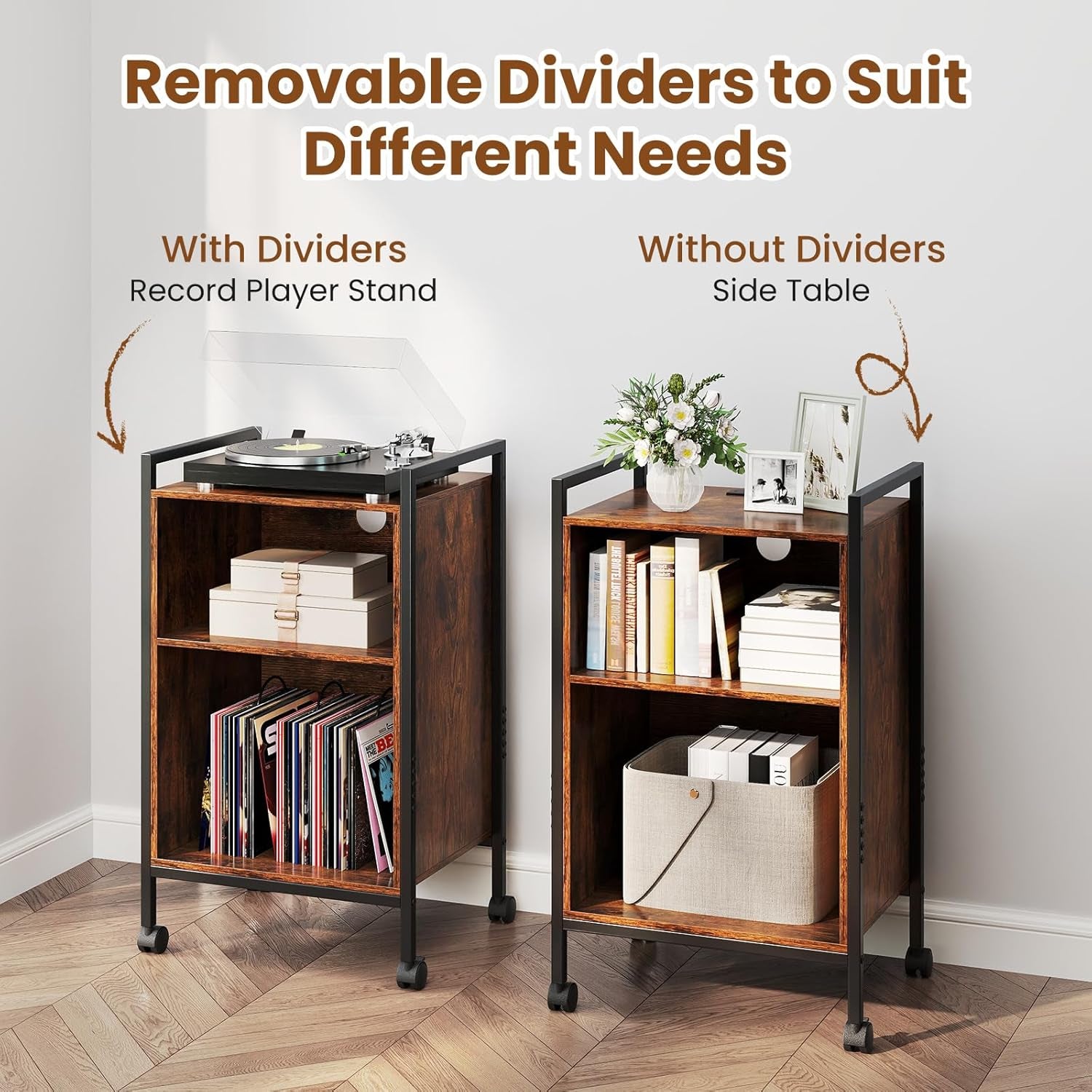 Record Player Stand with Charging Station, Mobile Turntable Stand with Record Storage & 4 Rolling Wheels, 3-Tier Vinyl Record Storage W/ Open Shelves & Dividers for Living Room, Rustic Brown