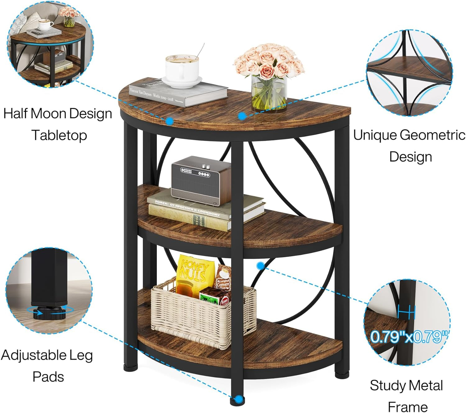 Half round End Table for Living Room, 3-Tier Half Side Table with Metal Frame, Industrial Half Moon Table with Storage Shelves, Half Circle Accent Table for Entryway, Bedroom, Rustic Brown