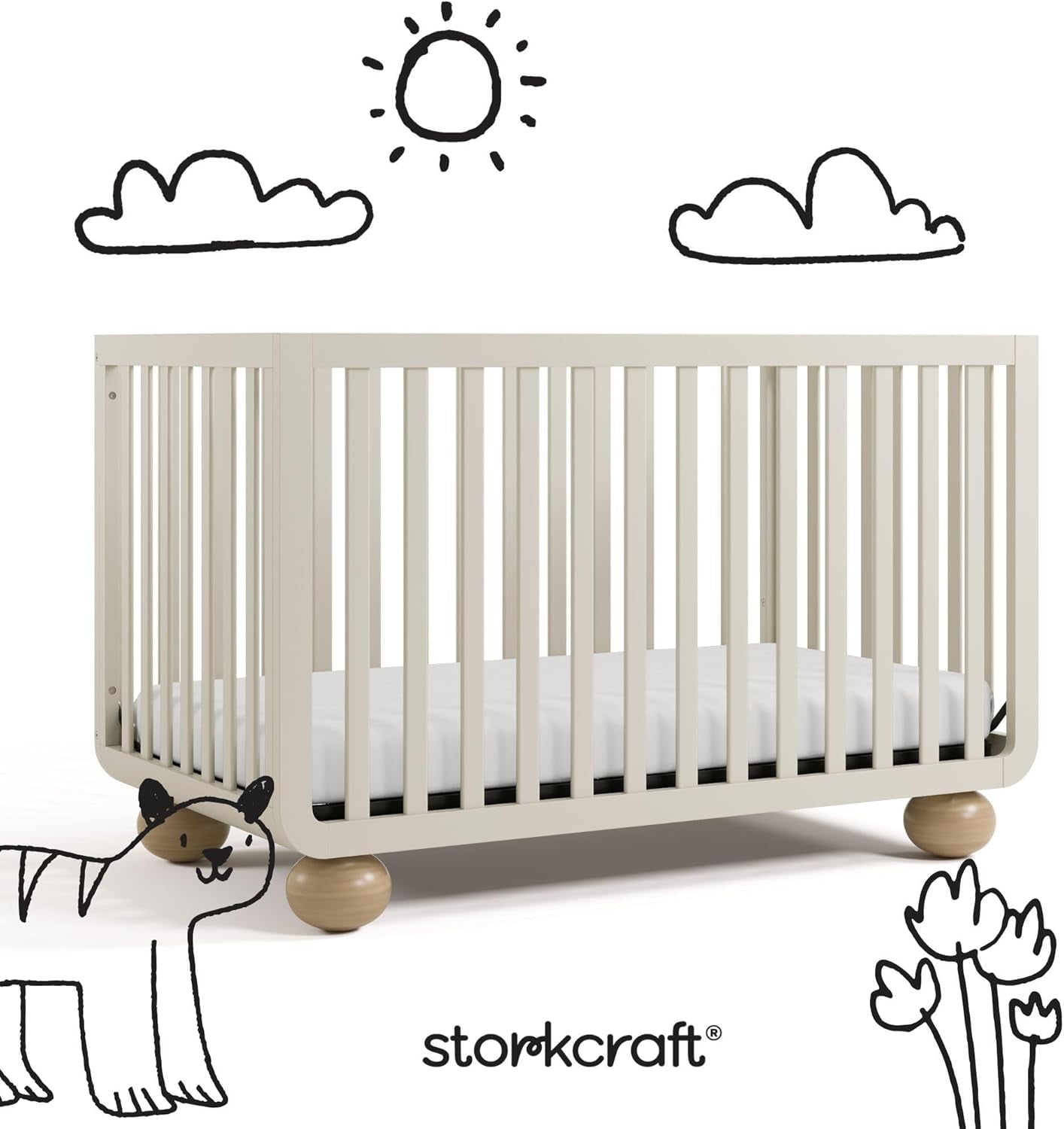 Amalfi Convertible Crib with Toddler Guardrail (Frosted Oat & Driftwood) – GREENGUARD Gold Certified, Toddler Bed Conversion Kit Included, Fits Standard Crib Mattress, Converts to Full Bed