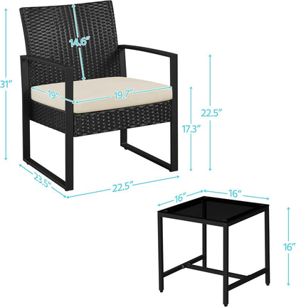3 Pieces Rattan Bistro Set, Outdoor Wicker Patio Modern Conversation Furniture, 2 Chairs & Tempered Glass Coffee Table for Garden, Balcony, Backyard, Poolside, Black/Beige