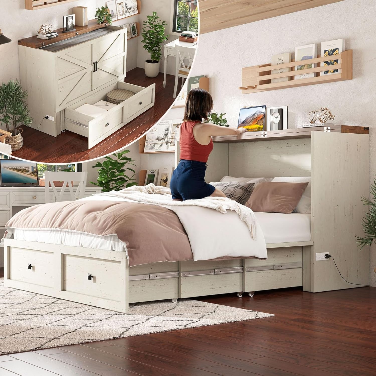 Queen Murphy Bed with Storage & Charging Station, Farmhouse Murphy Cabinet with Foldable Panel, Noisy Free, for Guest Bedroom, Living Room, Office, Distressed White