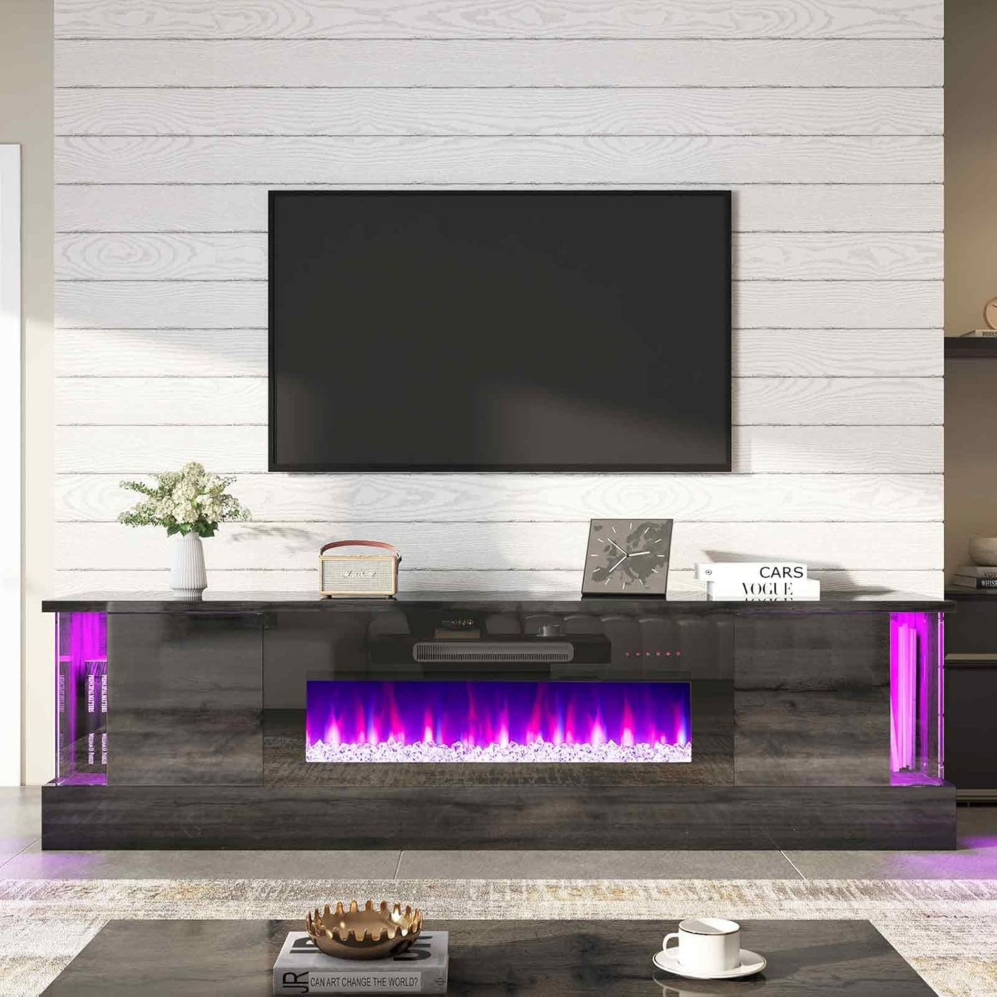 70" Glossy Oak Fireplace TV Stand with 36" Fireplace for Tvs up to 80", LED Lights Entertainment Center with Flip Doors & Corner Glass, Modern TV Console Table, Living Room, Black