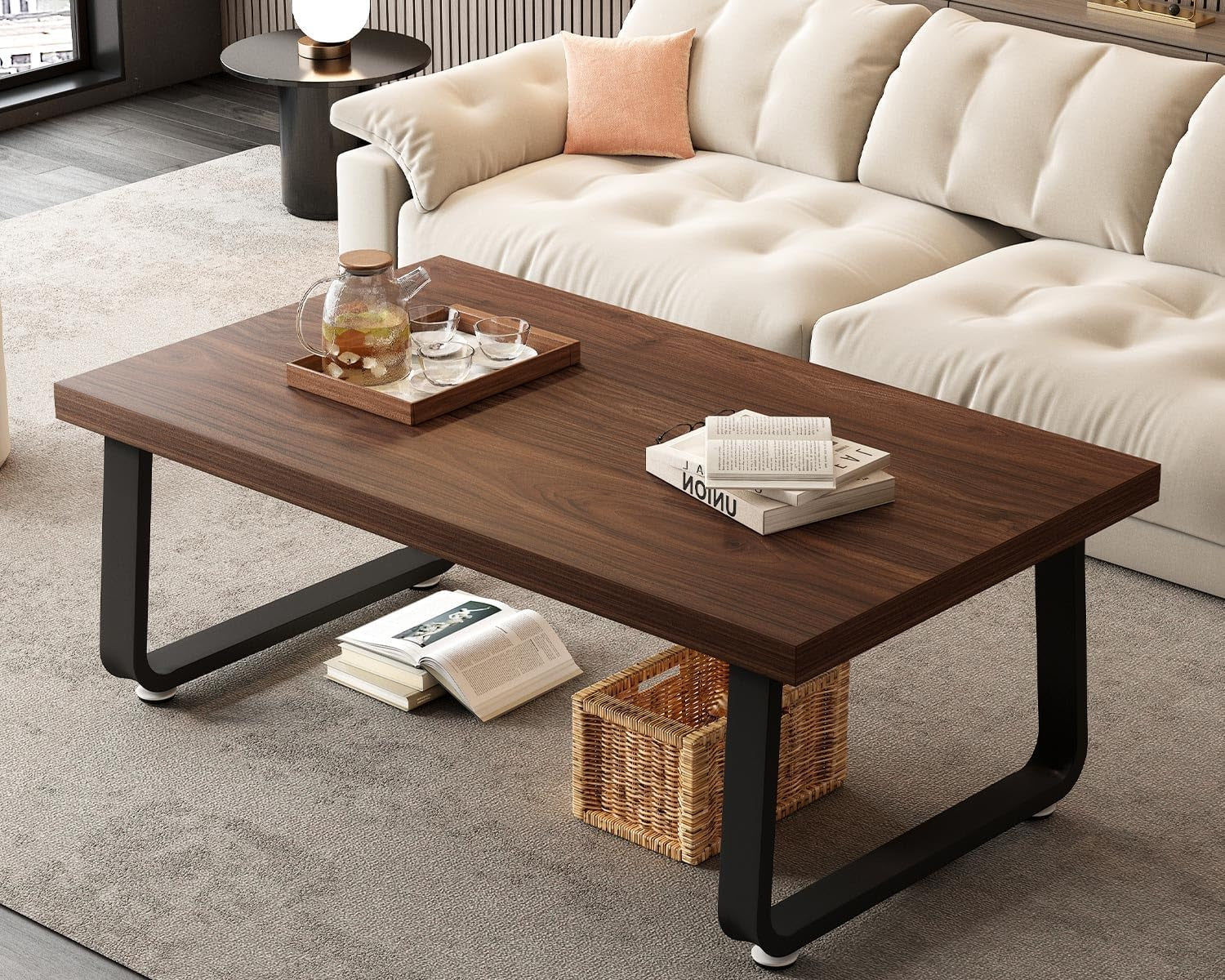 Rustic Walnut Coffee Table, 39” Mid Century Modern Center Table, Rectangle Industrial Living Room Coffee Table, Simple Farmhouse Wood and Metal Tea Coffee Tables for Home Bedroom, Walnut, 39 In