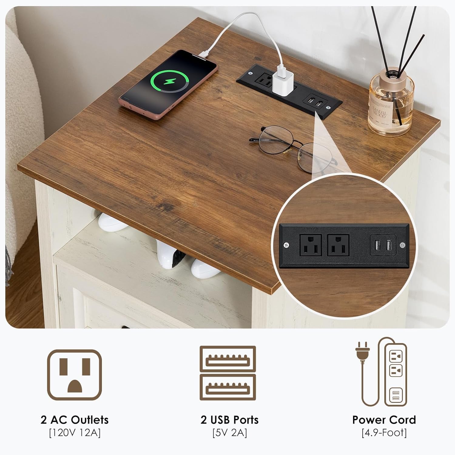 18'' Farmhouse Nightstand with Charging Station, Bedside Tables with Storage, Bed Side End Table with Open Shelf, 2 Drawers Wood Night Stand Dresser for Bedroom, Living Room, Rustic White