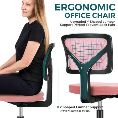 Armless Desk Chairs with Wheels, Ergonomic Adjustable Home Office Swivel Rolling Task Chair No Arms, Comfy Mesh Mid Back Computer Work Vanity Desk Seat for Small Spaces, Black