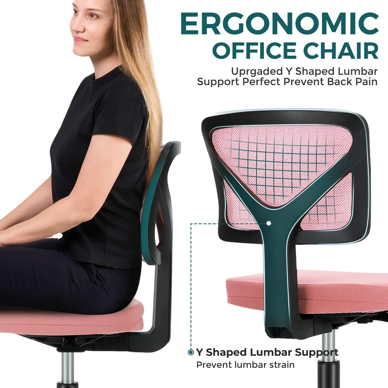 Armless Office Chairs with Wheels Cute Home Desk Chair No Arms, Ergonomic Adjustable Swivel Rolling Task Chair, Comfy Mesh Mid Back Computer Work Vanity Chair for Small Spaces, Hot Pink