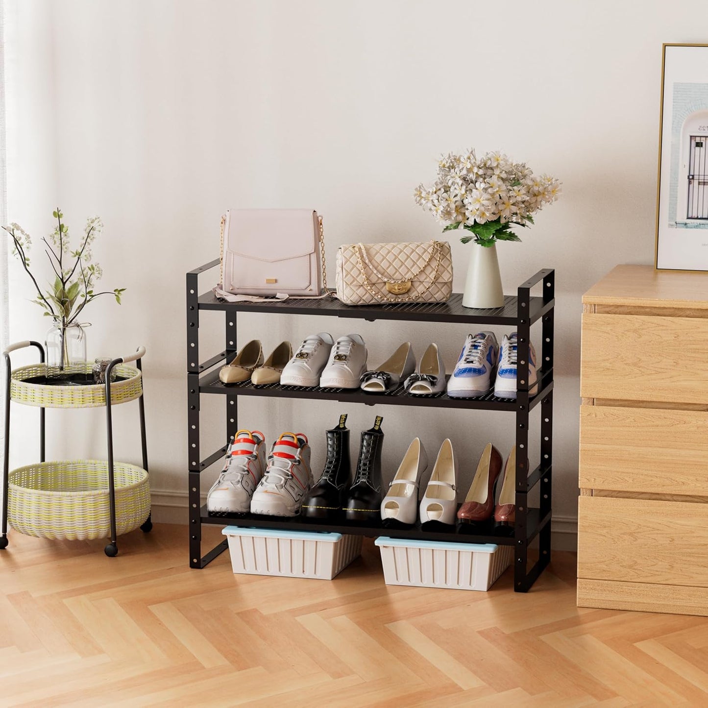 Expandable Stackable Aadjustable Shoe Rack Pantry Shelf for Kitchen Cabinets Counter Shelves Countertop Cupboard Storage Solution,Sturdy Heavy-Duty Metal Construction(1Pack/White/Large)