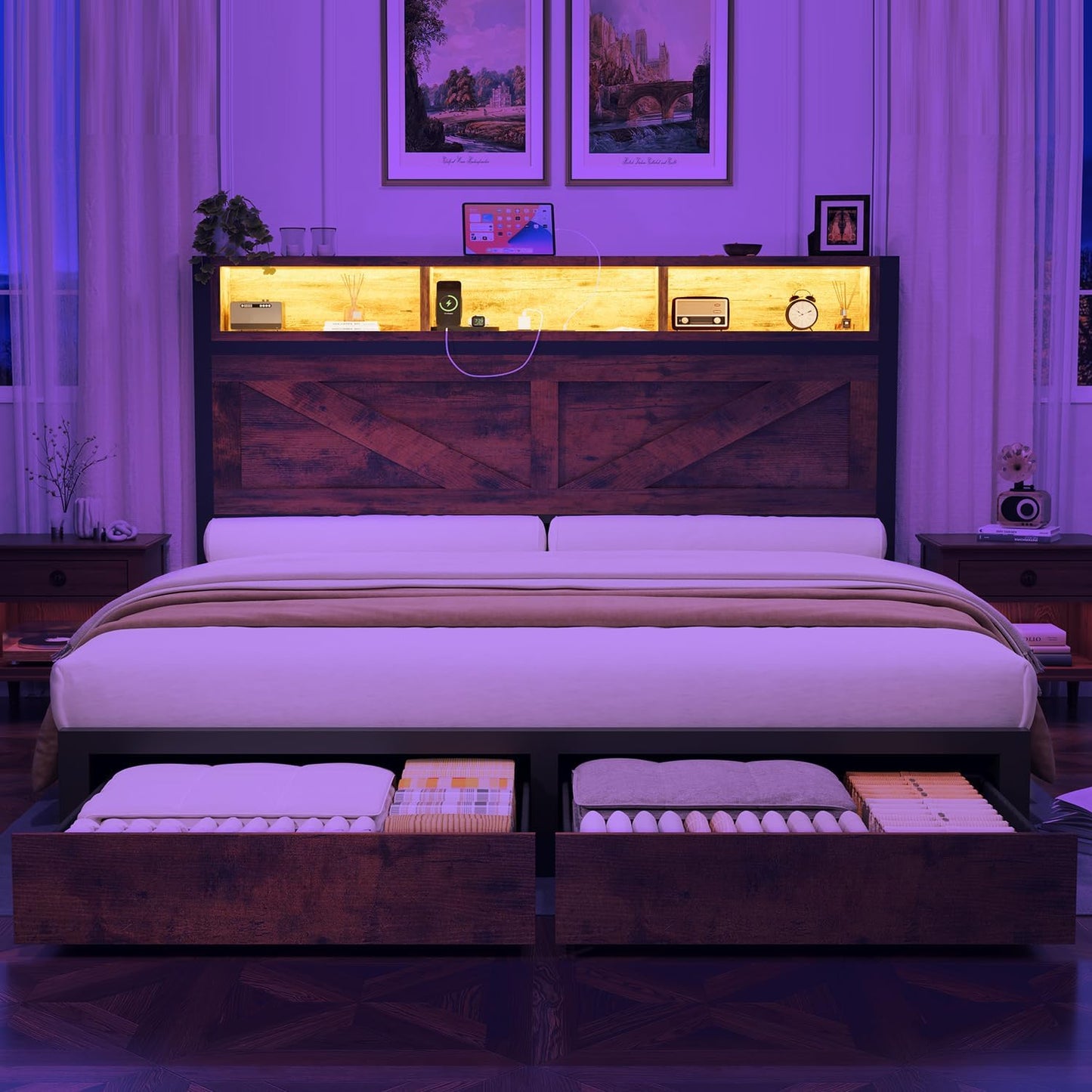 Farmhouse Queen Bed Frame with Bookcase Storage Headboard, Charging Station, LED Light and 2 Storage Drawers, Noise Free, No Box Spring Needed, Brown